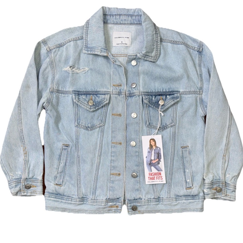 Celebrity Pink Trucker Jacket Distressed Light Blue Denim Jean Women’s Sz Small